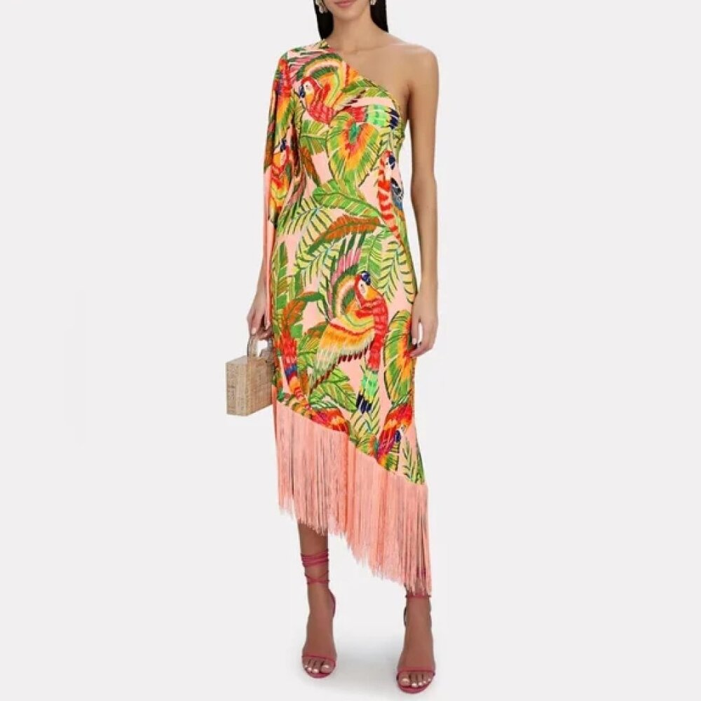 FARM Rio Macaw Party One Shoulder Fringe Midi Dress